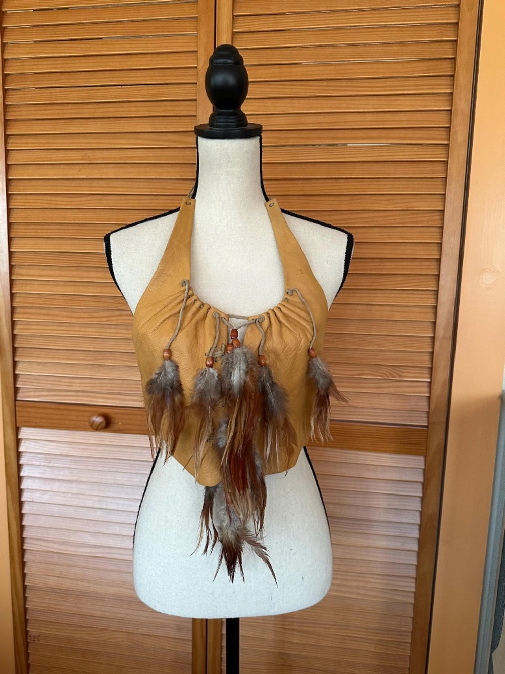 Vintage 70s Leather Halter Top: Handmade Feather & Whipstitch Detail